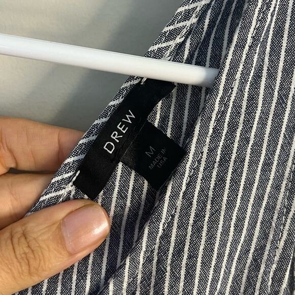 DREW Anthropologie Pin Stripe Blue Ivory Jumpsuit Pockets Criss Cross Back sz. M - Picture 6 of 7